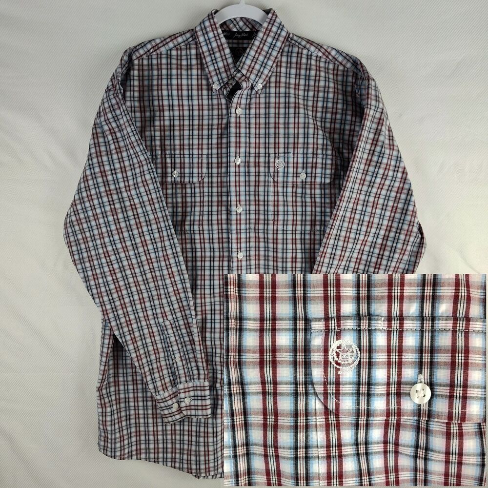 George Straight Wrangler Mens Large Button Down Western Shirt Red White Blue